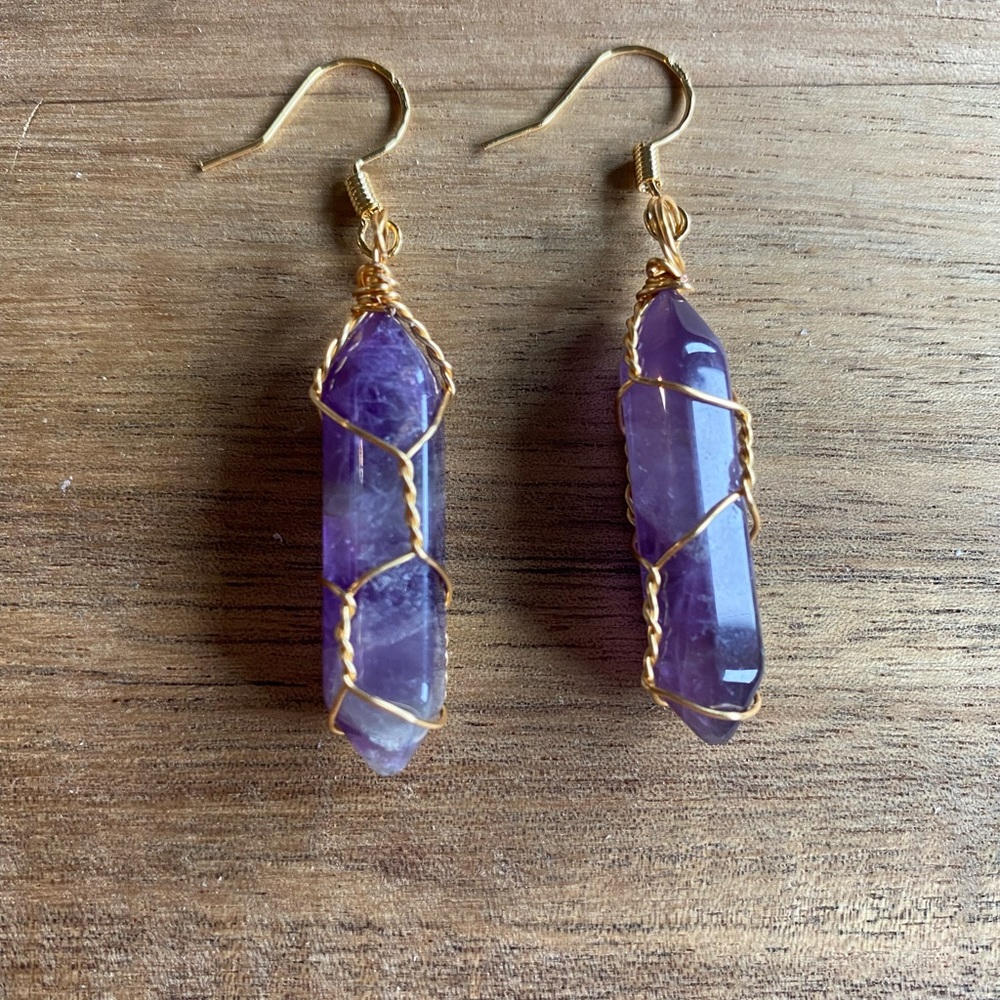 Brazilian amethyst quartz stone crystal earrings yogi handmade gold plated hooks